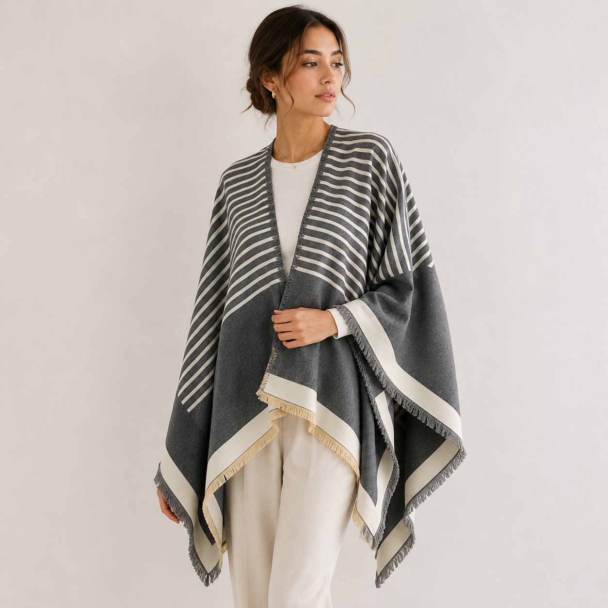 Gray & Ivory Cashmere-Feel Striped Shawl Wrap Poncho