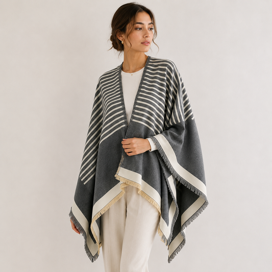 Gray & Ivory Cashmere-Feel Striped Shawl Wrap Poncho