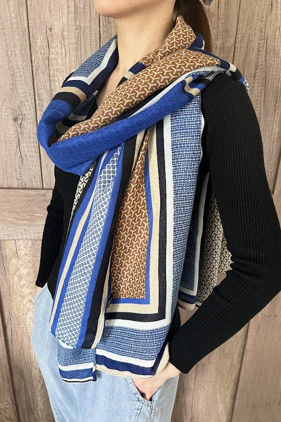 Blue Multi Geometric Pattern Cotton-Wool Wrap Scarf