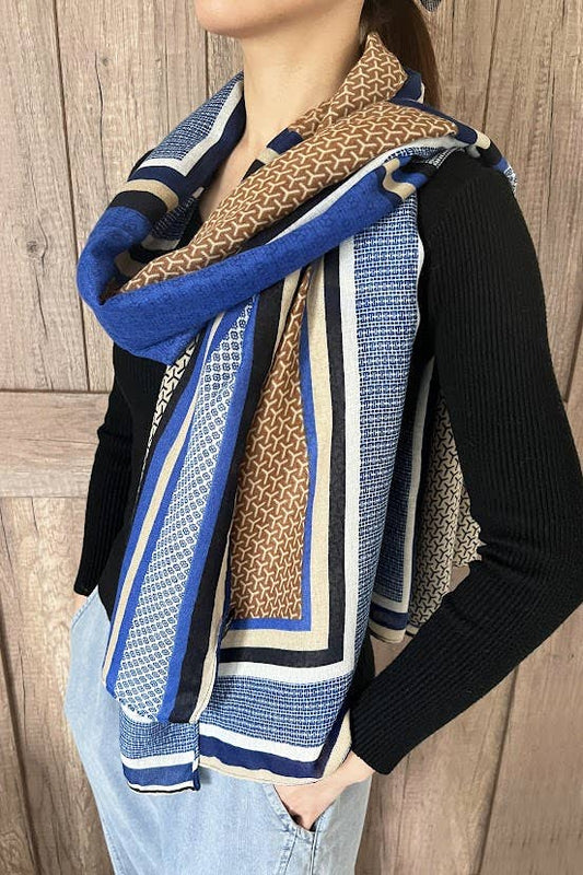 Blue Multi Geometric Pattern Cotton-Wool Wrap Scarf