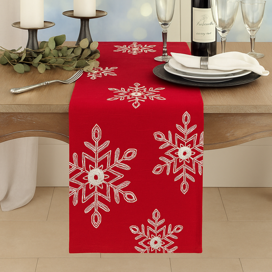 70196 - Embroidered White Snowflake Red Table Runner
