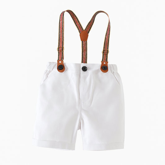 White Classic Boy Cotton Chino Shorts with Suspenders