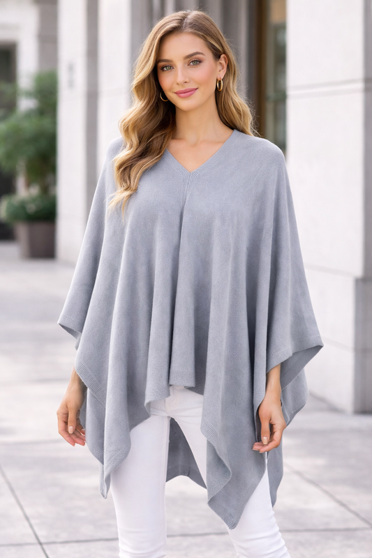Grey Knit Solid Soft Pullover Poncho Sweater
