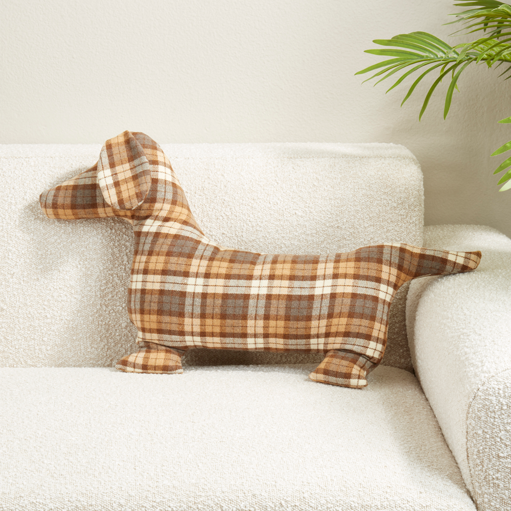2442 - Brown Plaid Dachshund Dog FilledThrow Pillow