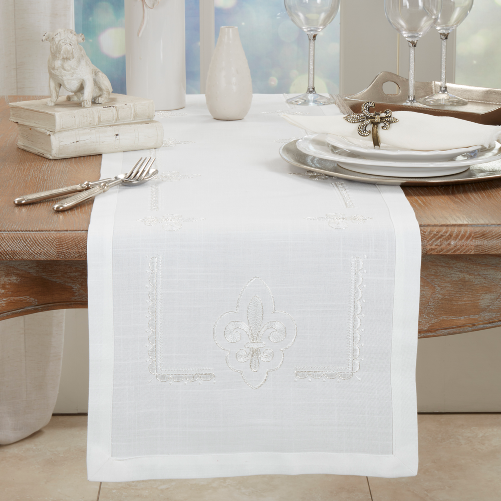 1681 - Ivory Embroidered Fleur-De-Lis 16"x72" Table Runner