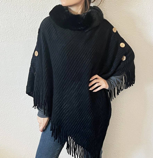 Black Fur Collar Ribbed Knit Poncho with Fringe