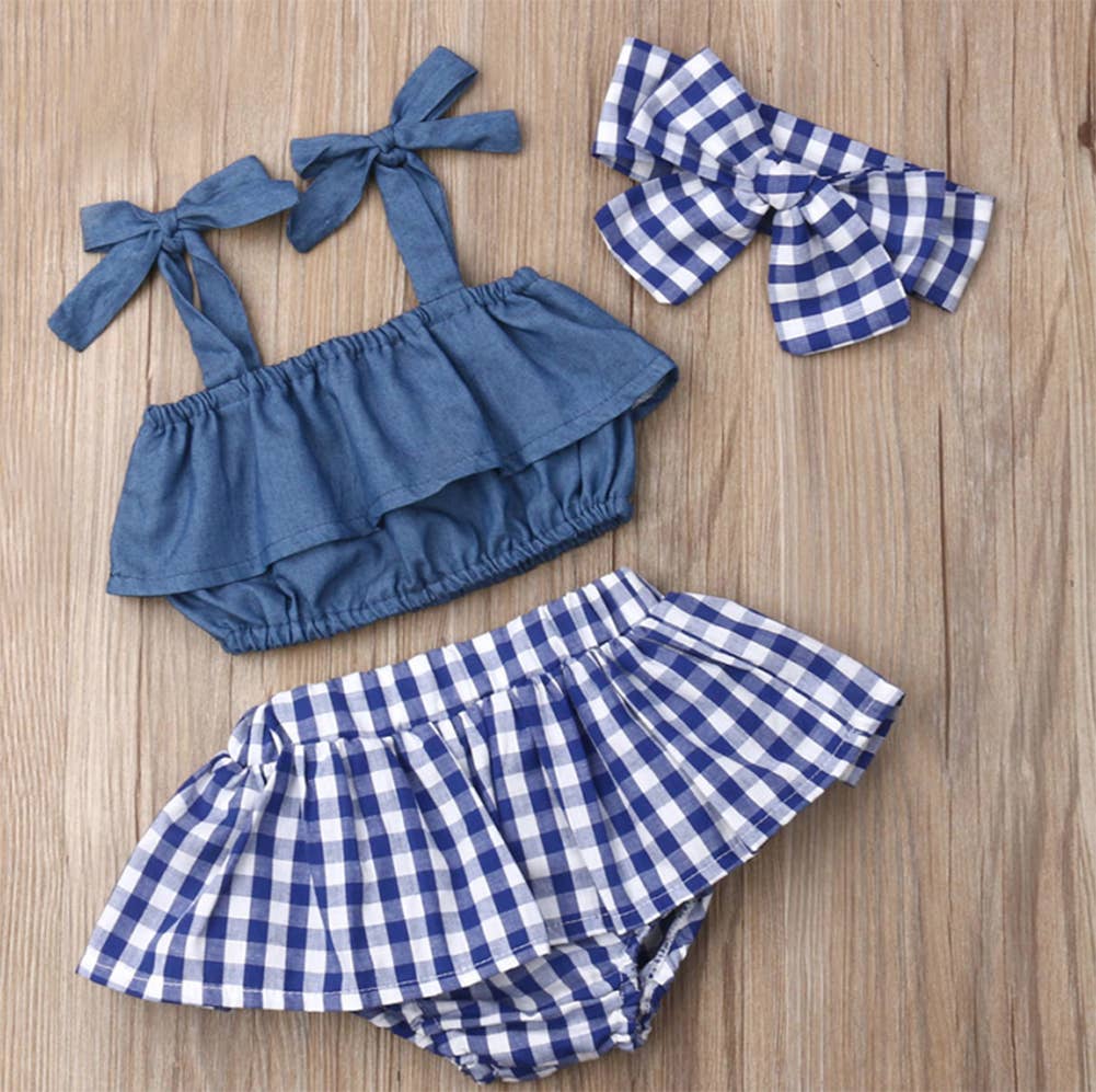 Blue Ruffle Plaid 3pcs Baby Clothing Set