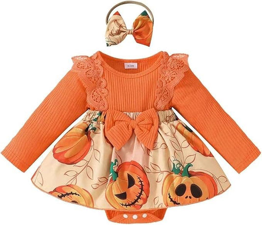 Orange Spooky Pumpkin Baby Romper Dress & Headband
