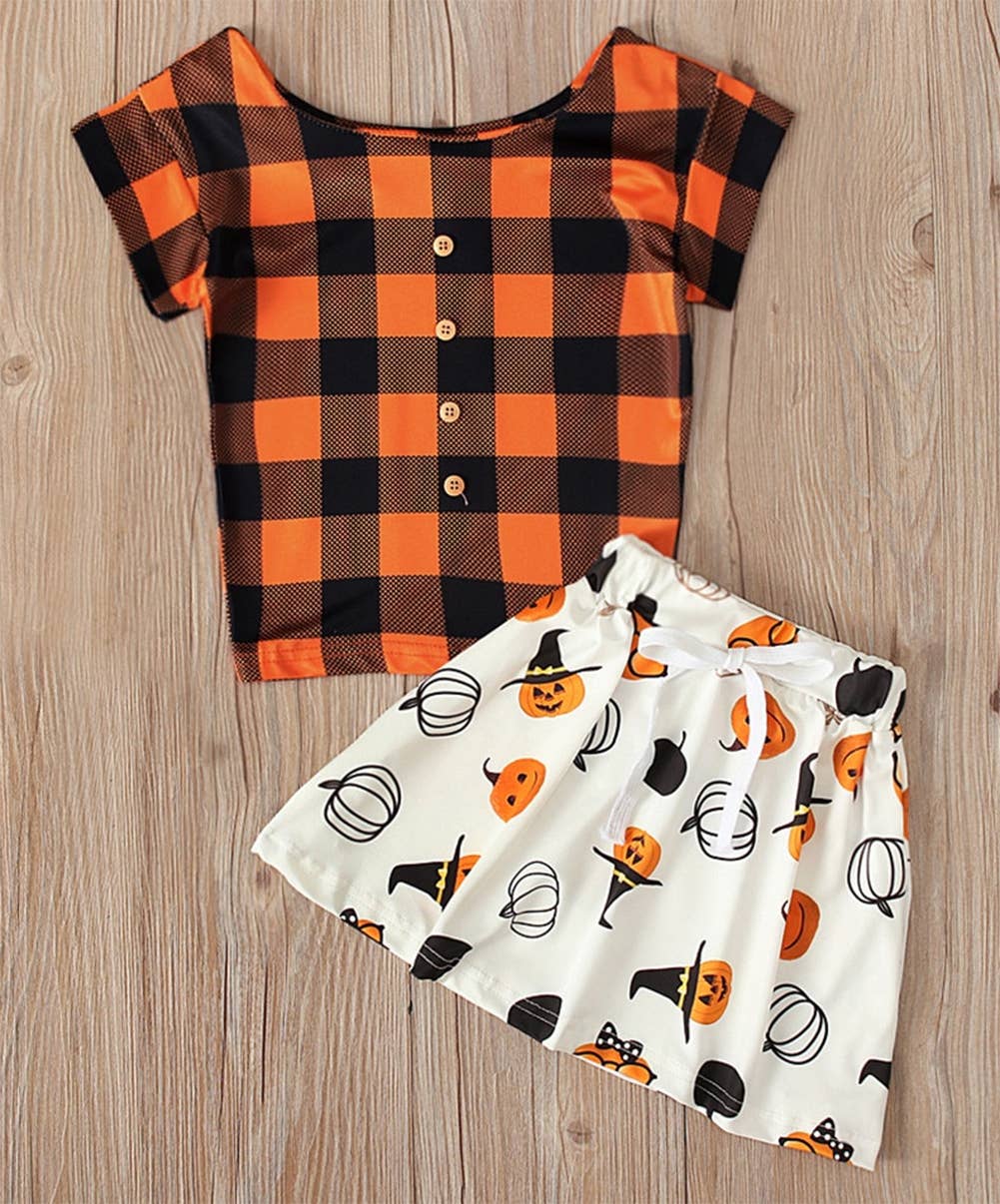 Plaid Crop Top and Skirt 2pcs Halloween Girl Outfit
