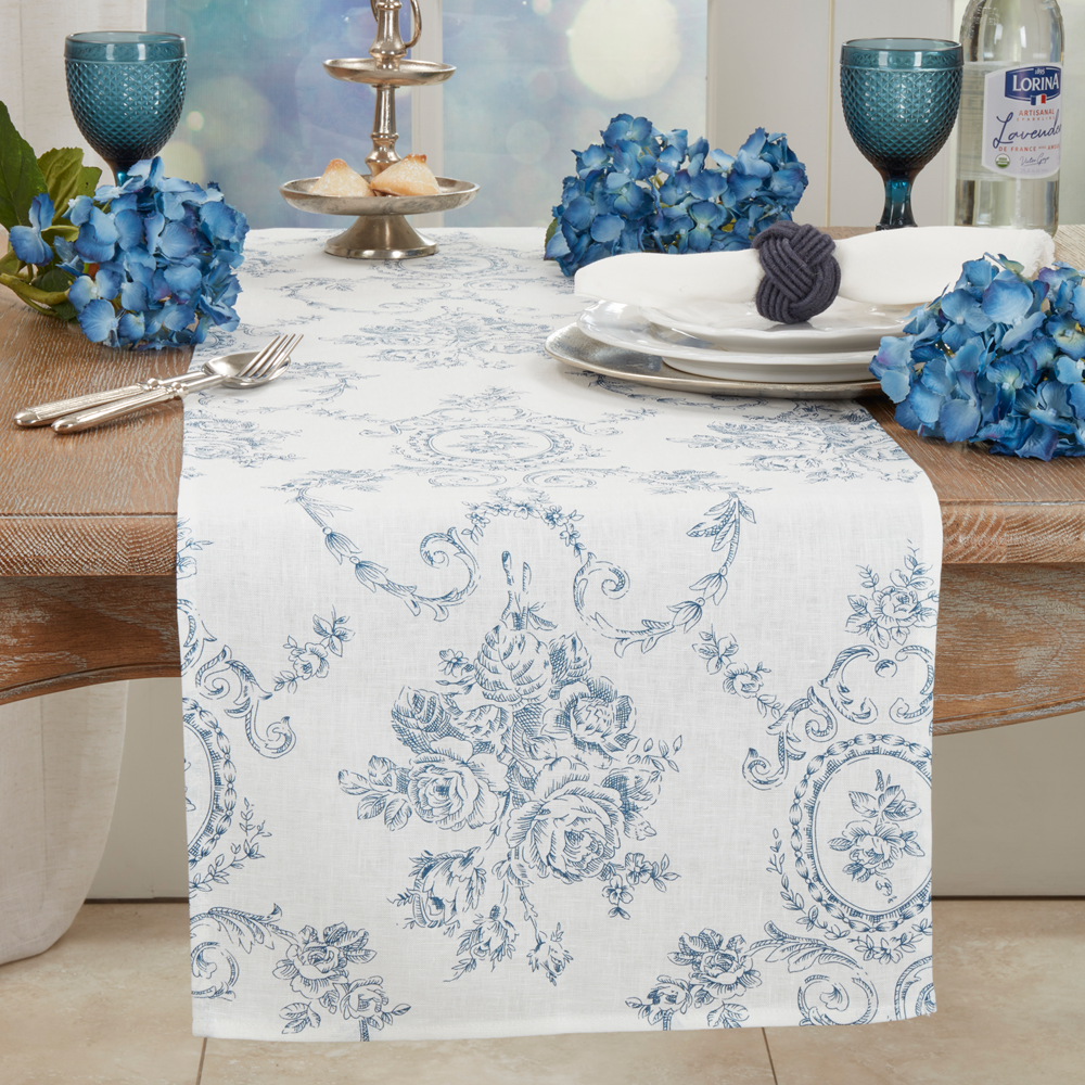 1162 - Indigo Toile Floral White Pure Linen Table Runner