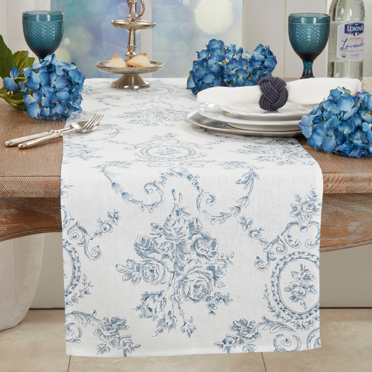 1162 - Indigo Toile Floral White Pure Linen Table Runner