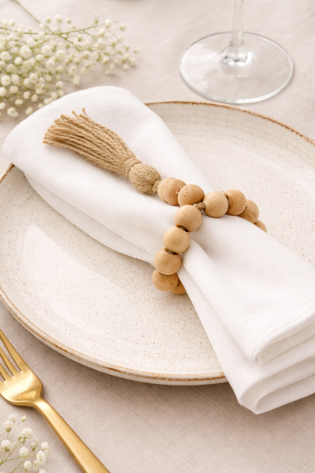 Natural Wood Bead Tassel Napkin Ring