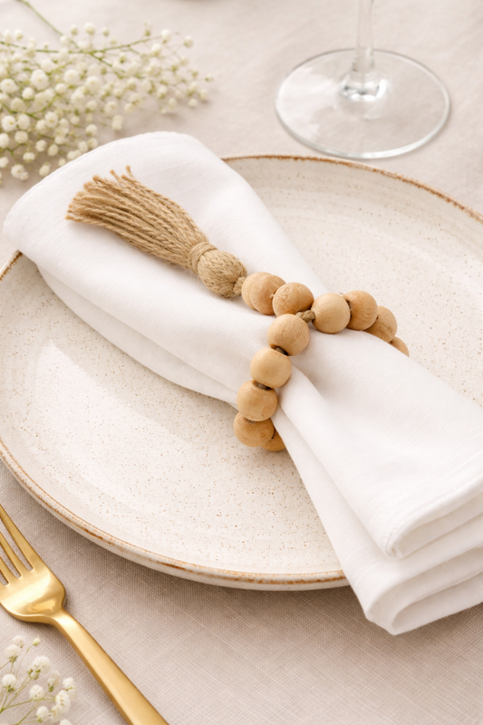 Natural Wood Bead Tassel Napkin Ring