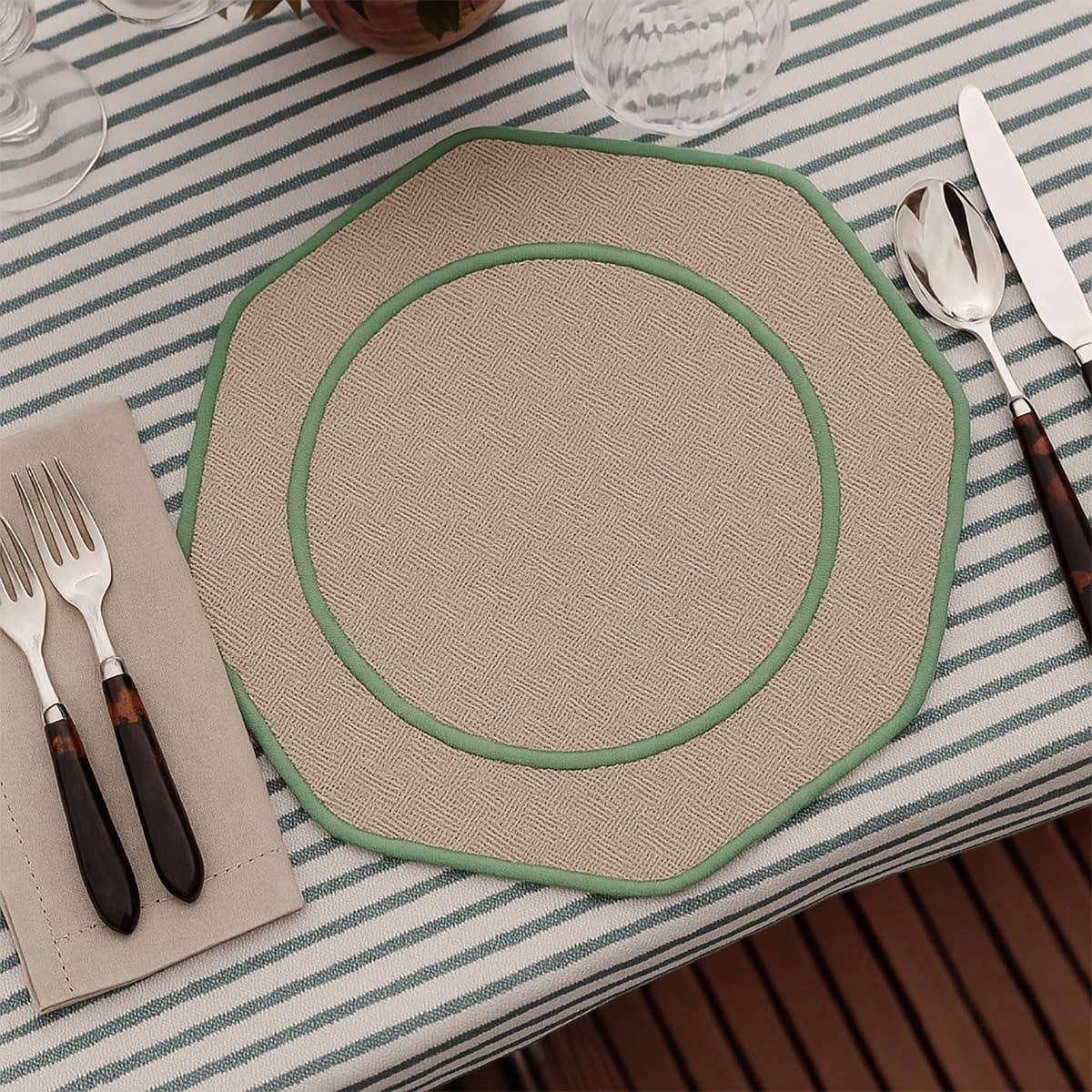 PM0056 - 13" Woven Round Octagonal Shape Placemat - Green and Natural