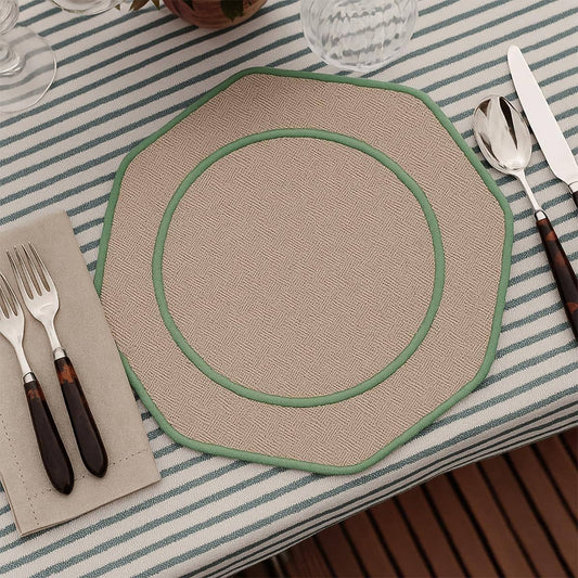 PM0056 - 13" Woven Round Octagonal Shape Placemat - Green and Natural