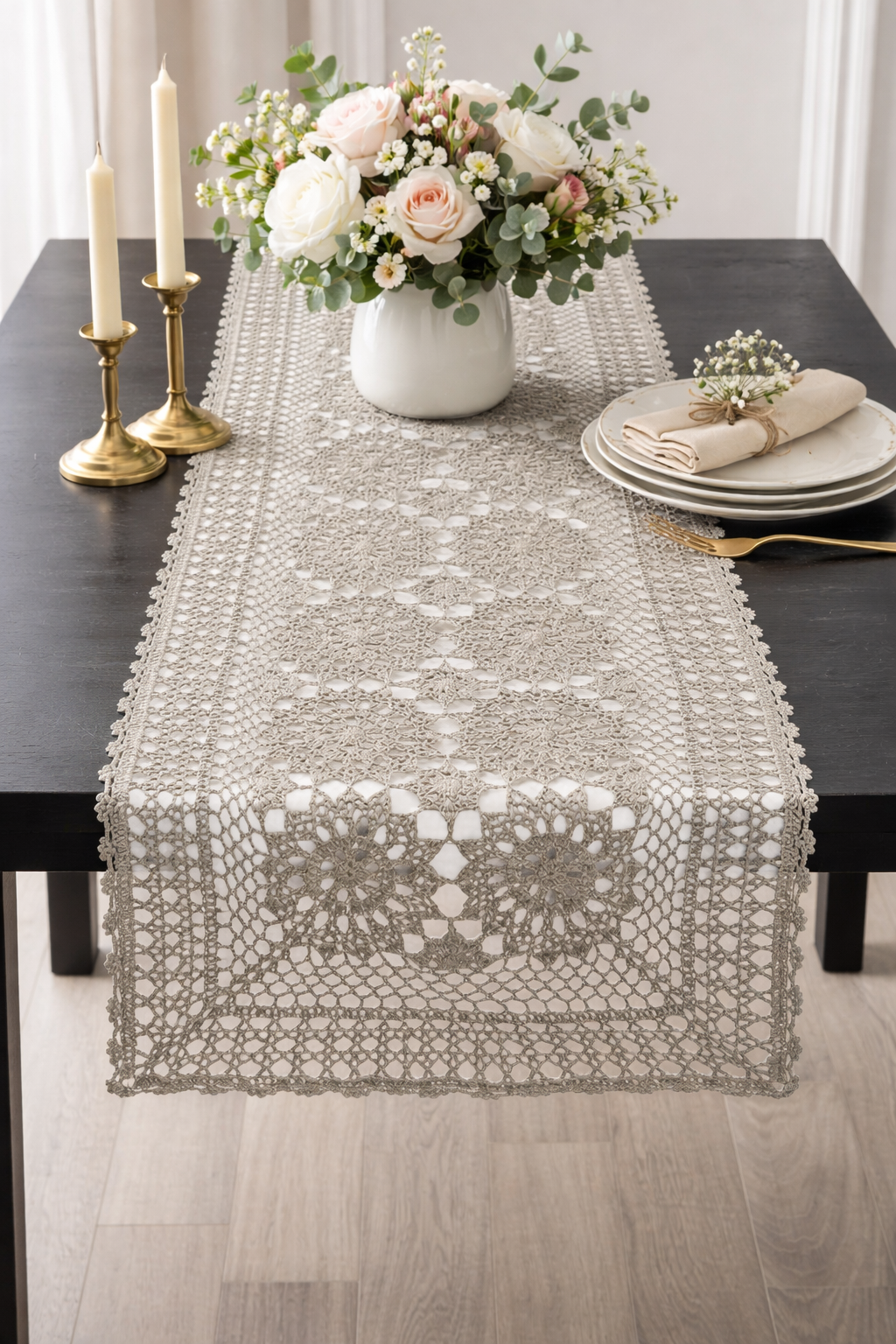 Gray Hand Crocheted Mandala Cotton Table Runner
