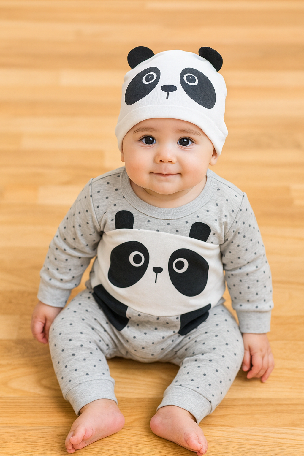 Grey Panda Baby Romper & Hat
