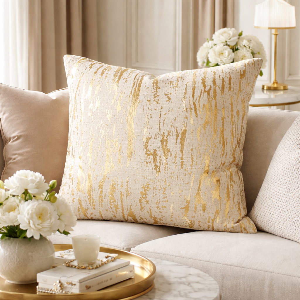 1612 - Gold Distressed Foil Print Cotton 27" Throw Pillow