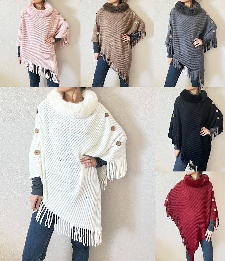 Fur Collar Knitted Poncho with Fringe