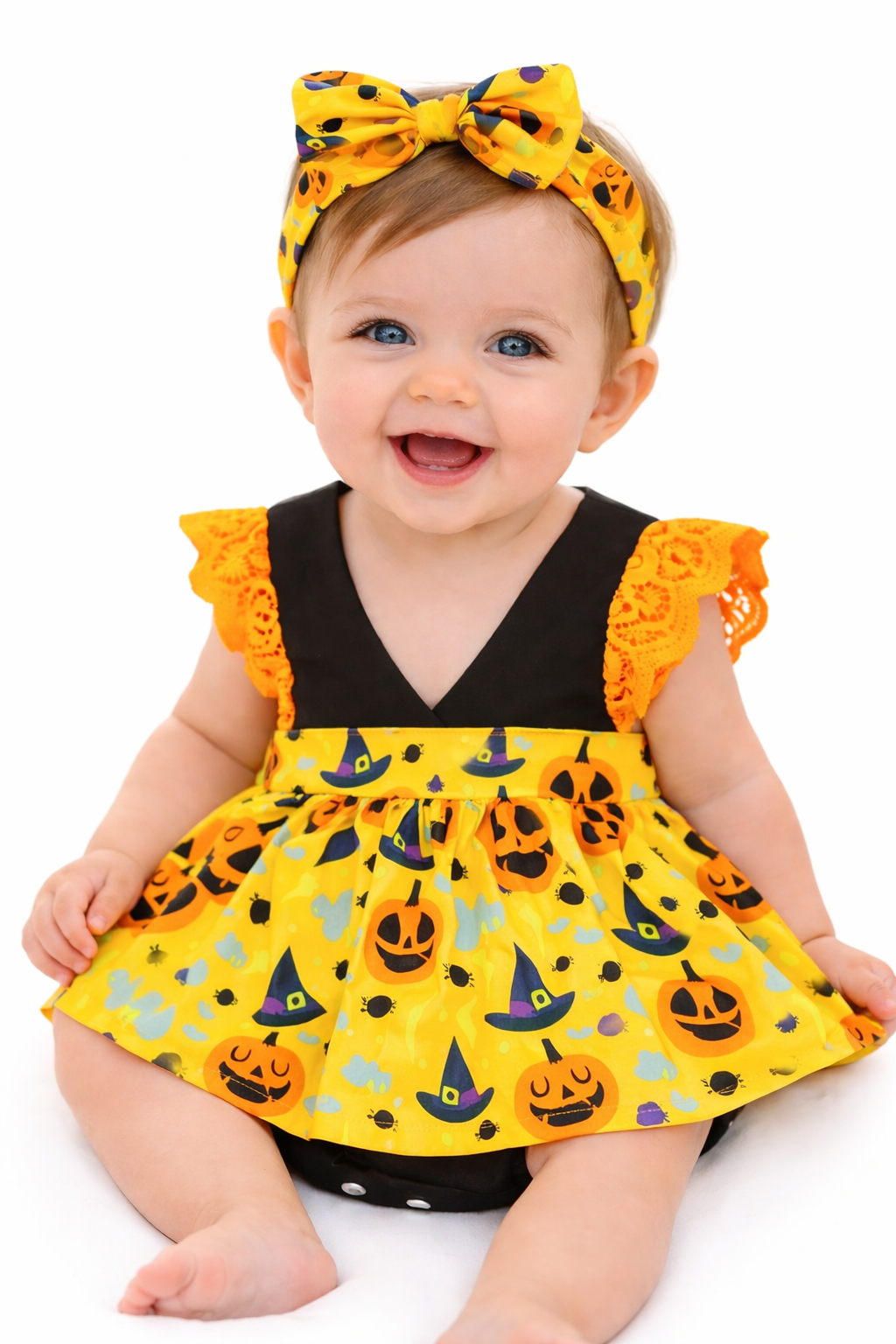 Black Multi Spooky Pumpkin Skirt Baby Romper Dress