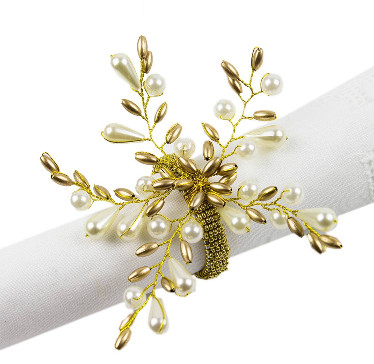 Handmade Elegant Gold Bead Ivory Pearl Napkin Ring Set of 4