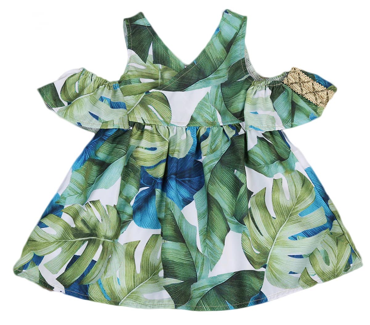 Green Leaf Print Off-Shoulder Girl Dress