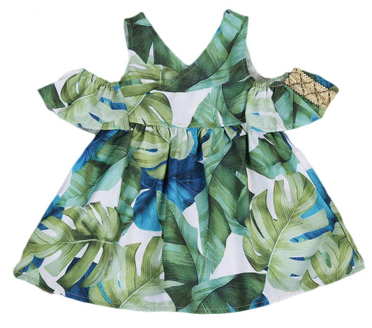 Green Leaf Print Off-Shoulder Girl Dress
