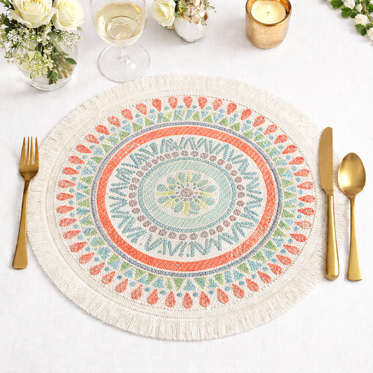 Mandala Boho Woven Fringe Cotton 13" Round Placemat