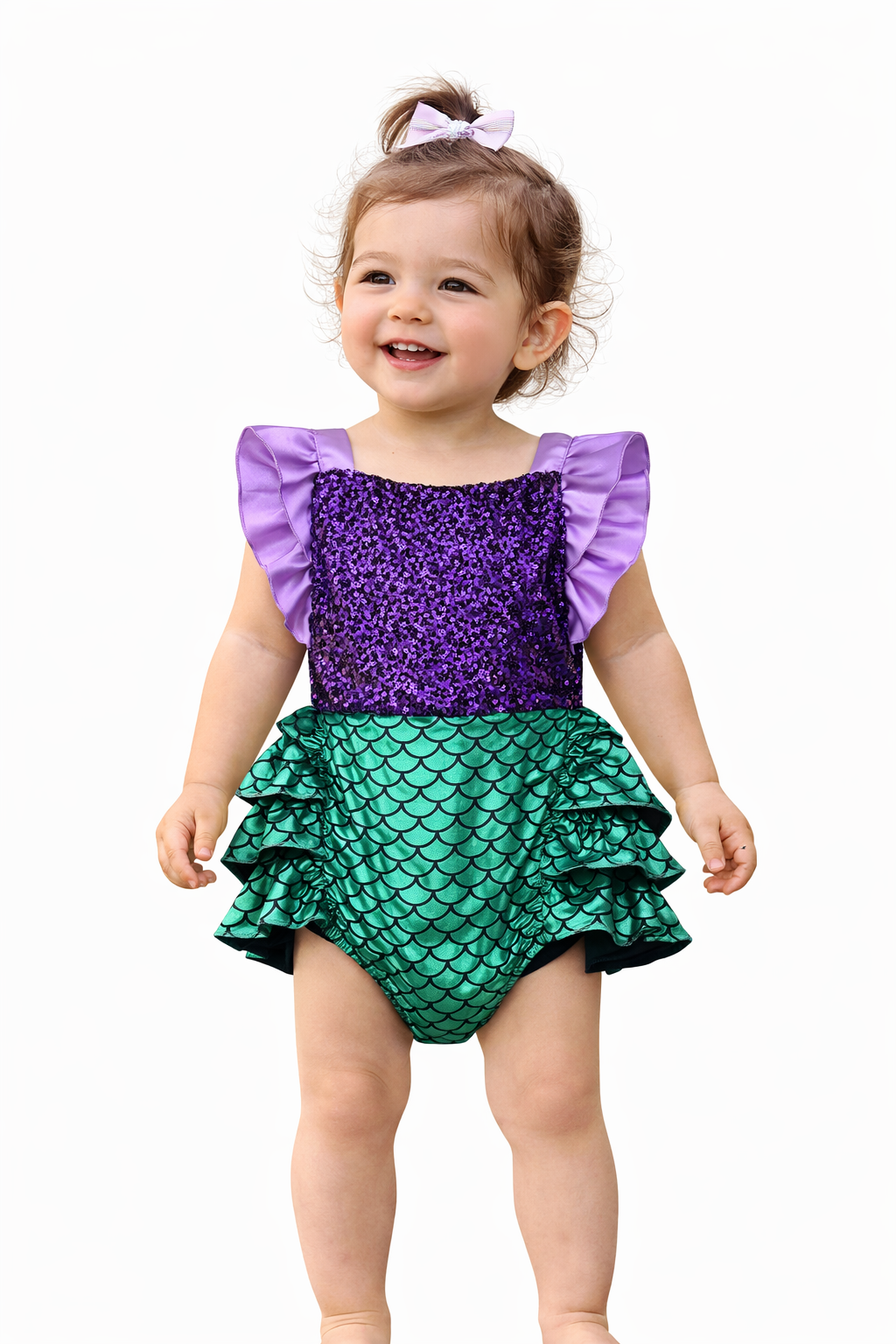 Purple Green Sequin Backless Ruffle Baby Jumpsuit