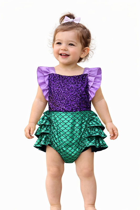Purple Green Sequin Backless Ruffle Baby Jumpsuit
