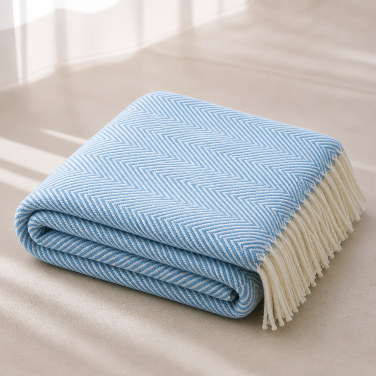 Blue Herringbone Fringed 50"x60" Throw Blanket
