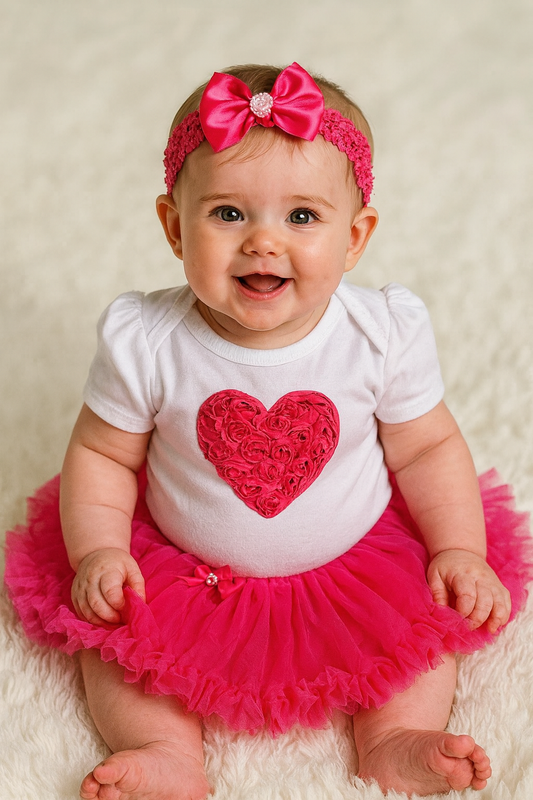 Fuchsia-White Heart Romper Tutu Dress & Headband
