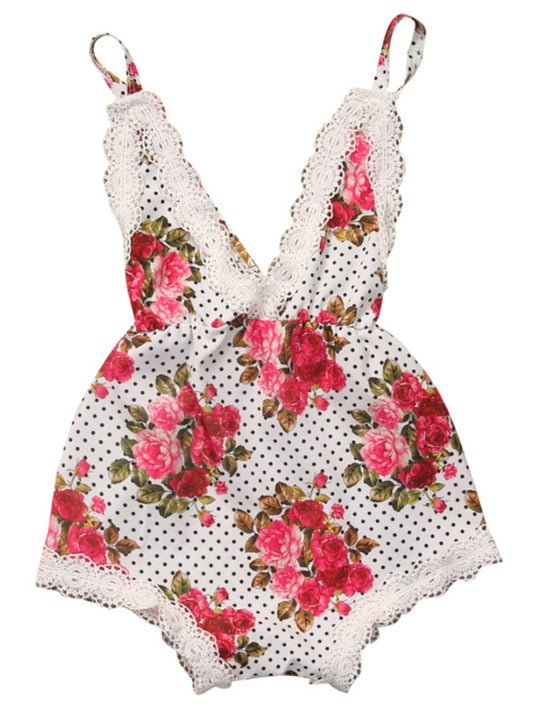 Red Floral Lace Baby Girl Romper