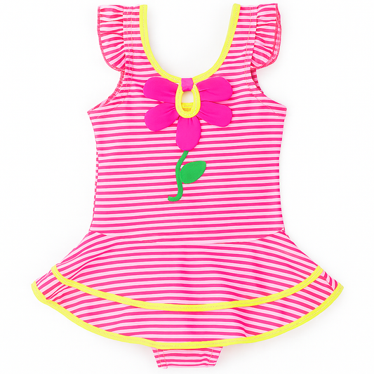 Pink Flower Striped One-Piece Girl Swimwear