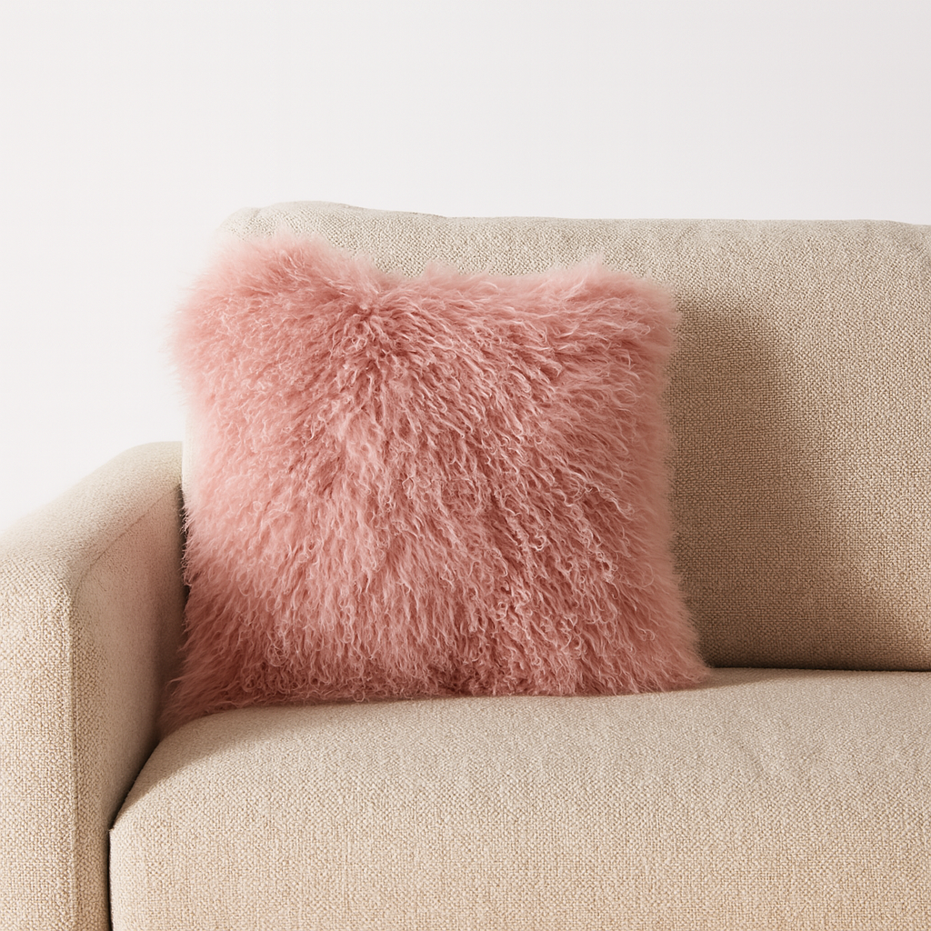 3564 - 16" Rose Pink  Mongolian Lamb Fur Throw Pillow