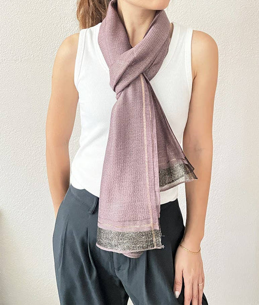 Purple Shimmering Striped Silk Blend Wrap Scarf
