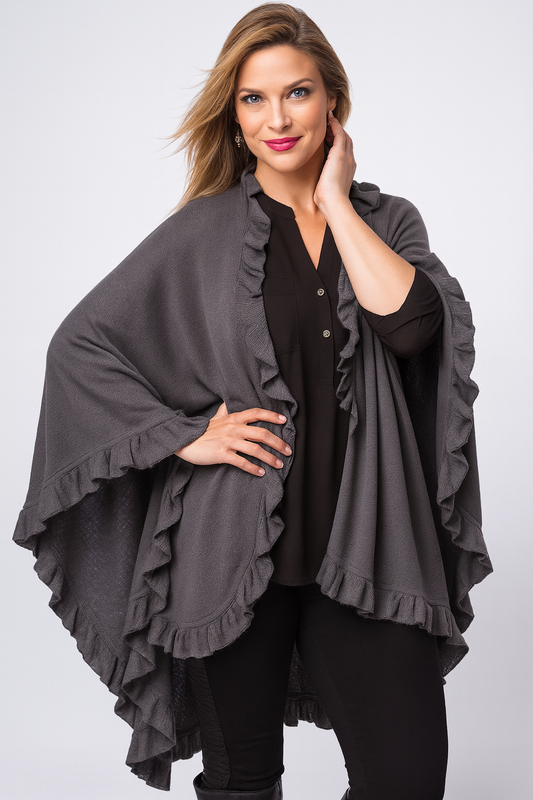 Slate Trim Knit Open Front Warm Poncho Cape