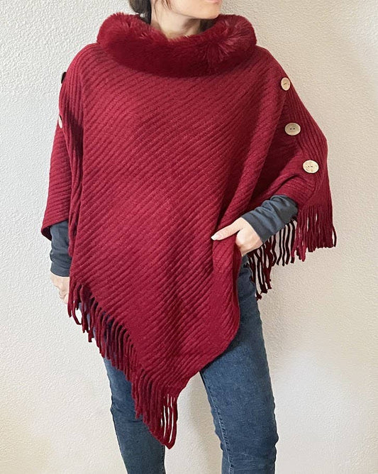 Burgundy Fur Collar Ribbed Knit Poncho with Fringe