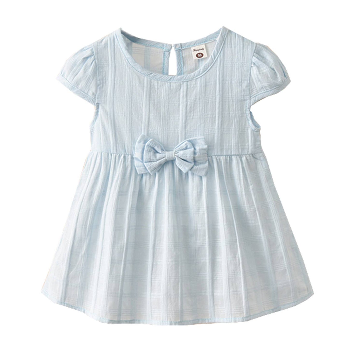 Blue Cap-Sleeve Bowknot Cotton Girl Dress
