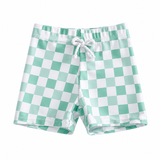 Green-White Checkered Boys Swim Shorts with Drawstring Waist