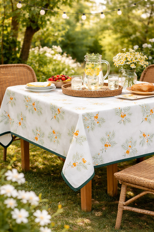 Green Pine and Berry Wrinkle-Free Tablecloth