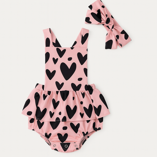 Black Hearts Pink Baby Romper & Headband