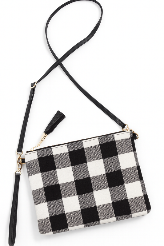 Black and White Plaid Crossbody Clutch Pouch