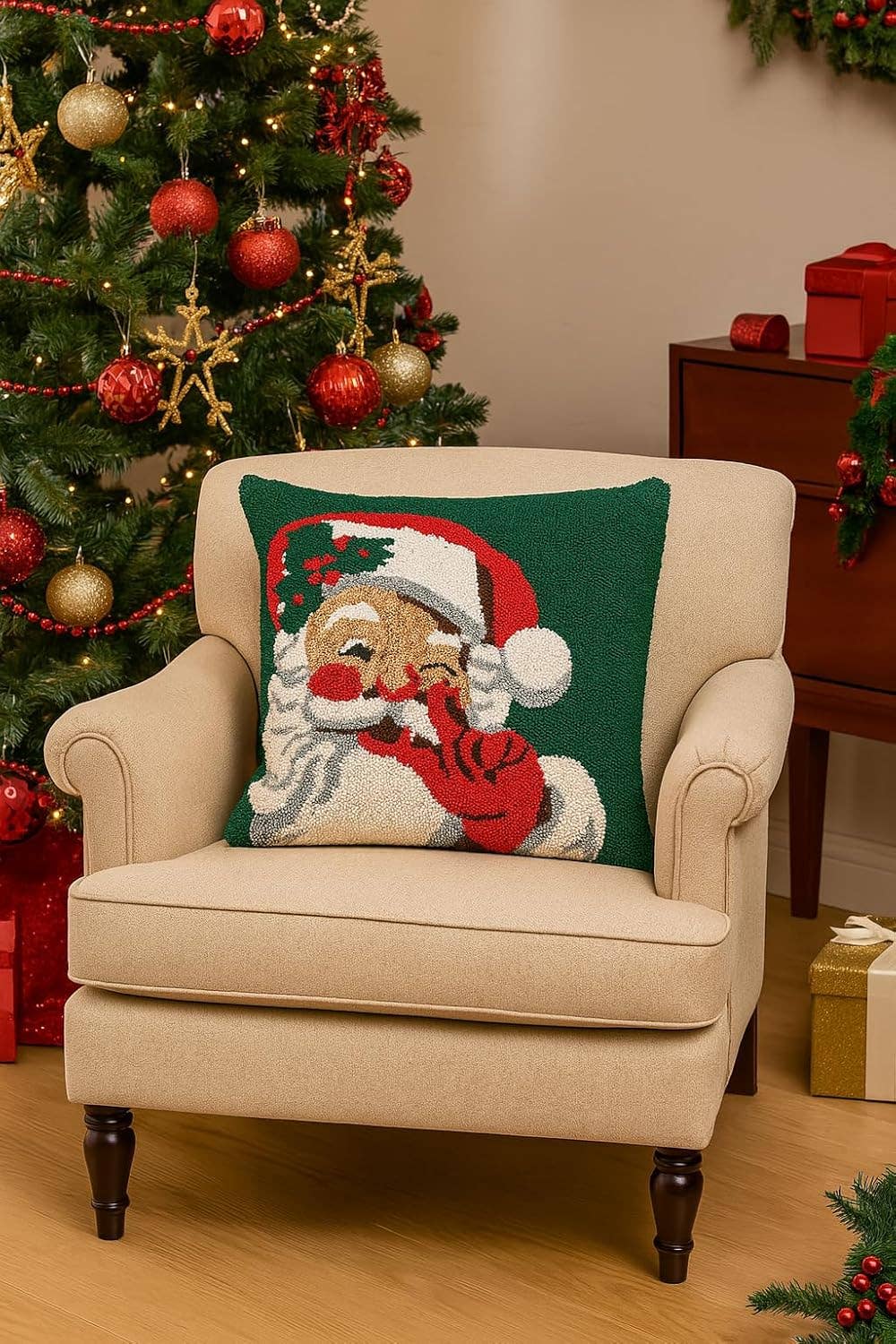 PLW0183 - Loop Tufted Santa Claus Green 17" Throw Pillow