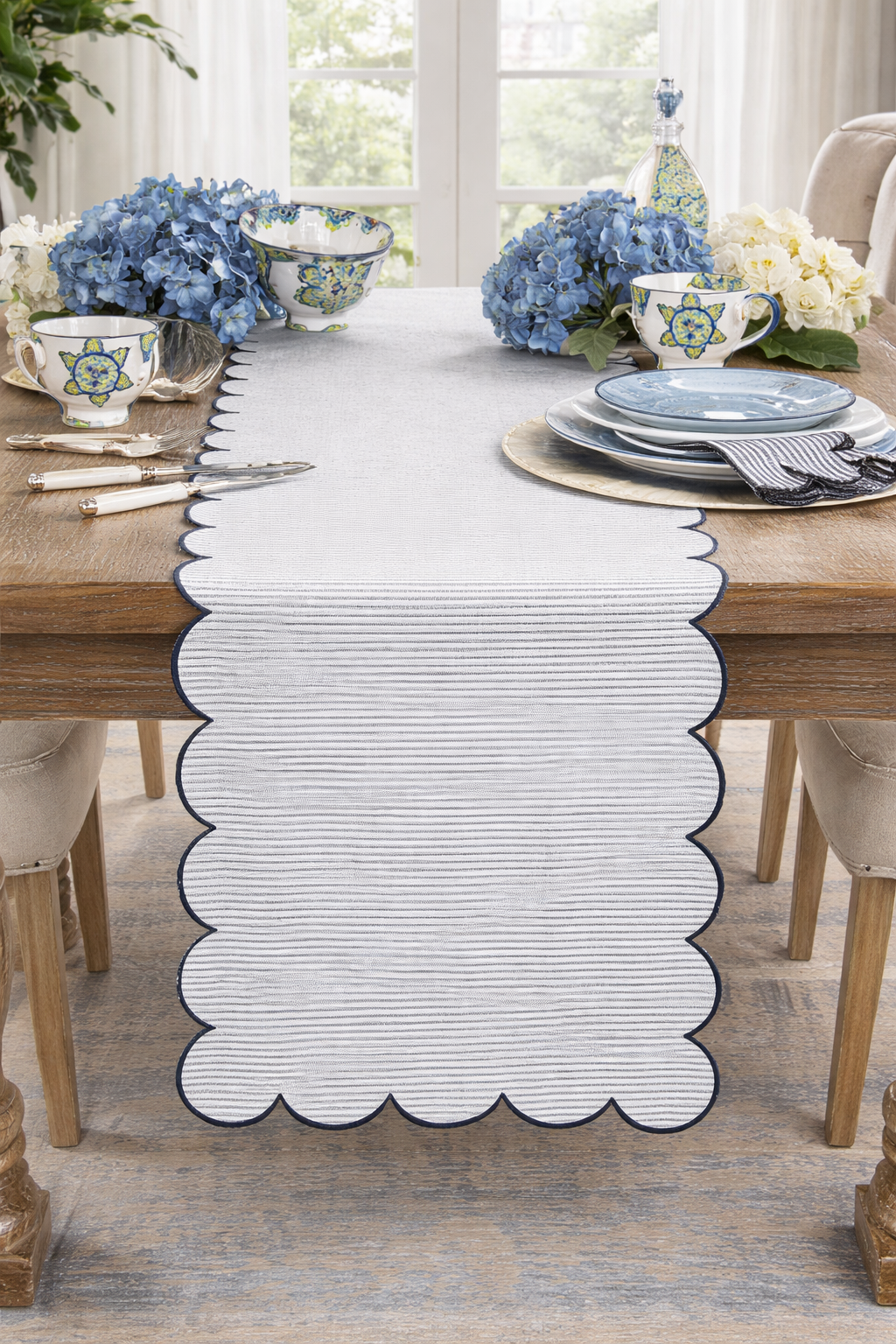 8122 - Navy  Blue Striped Scalloped 16"X72" Cotton Table Runner