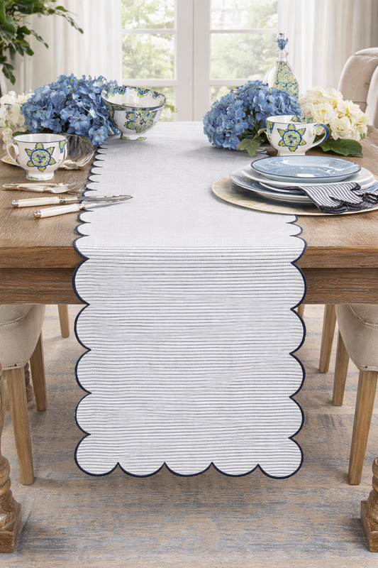 8122 - Navy  Blue Striped Scalloped 16"X72" Cotton Table Runner