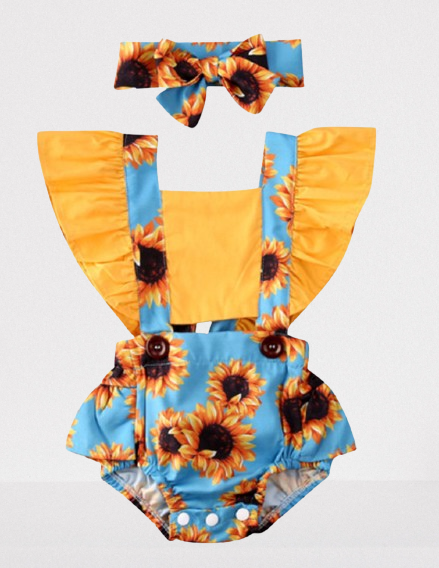 Yellow Green Sunflower Ruffle Sunsuit Romper & Headband