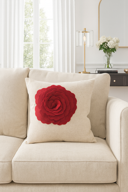 2097 - 3D Red Rose Linen Blend Natural18" Filled Throw Pillow