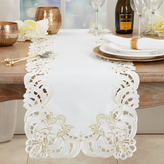 412 - Ivory Embroidered Cupid Table Runner