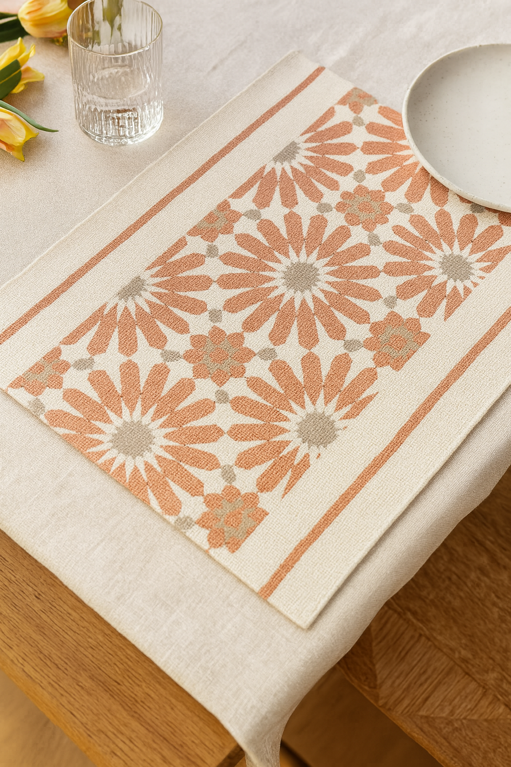 TBL0046 - Coral Geometric Floral Cotton Placemat - 14"x19"